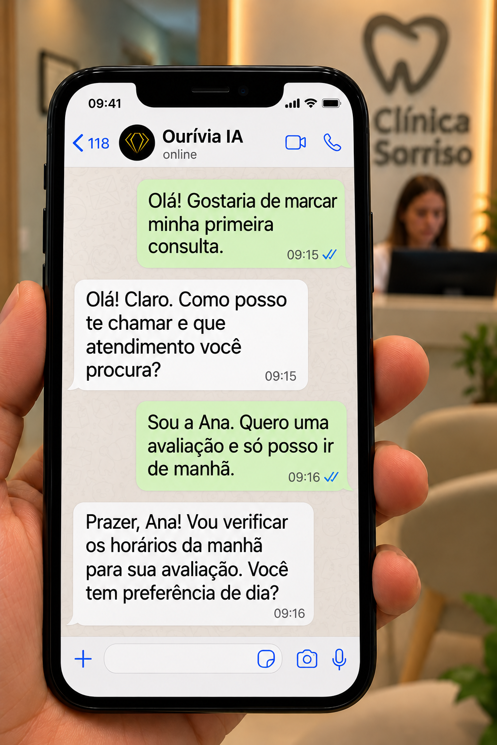 Conversa ilustrativa: Ana pede uma avaliação pela manhã. A IA considera essa preferência e pergunta em qual dia ela pode ir, sem menus ou botões de escolha.